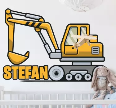 Wandaufkleber Zeichnung Gelber cartoon-bagger mit Namen - TenStickers