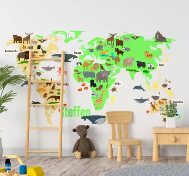 Wandtattoo Weltkarte mit Tieren für Kinder - TenStickers