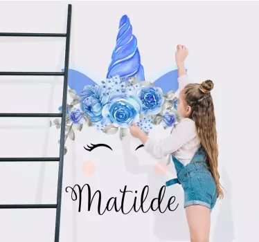 Wandtattoo kinderzimmer einhorn mit blauen blumen - TenStickers