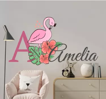 Wandtattoo kinderzimmer floralflamingo mit namen - TenStickers