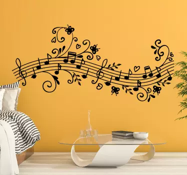 Wandtattoo Wohnzimmer Notenzeile und Blumenranke - TenStickers