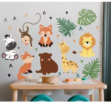 Wandtattoo Kinderzimmer süße wilde Tiere mit Blättern - TenStickers