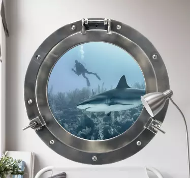 Wandtattoo visuelle Effekte Hai durch das fenster mit Fisch 3D - TenStickers