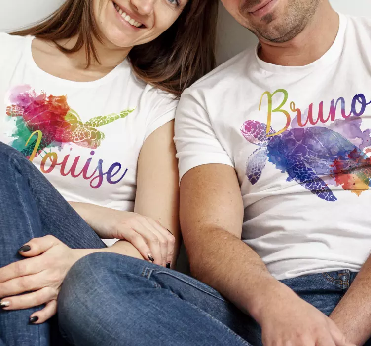 Pärchen T Shirts bunte schildkröten mit namen - TenStickers