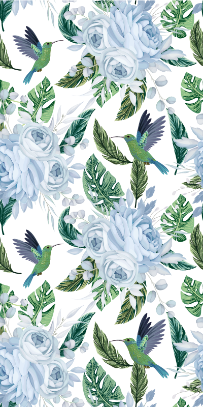 Vinyl teppich blumen mit blauen gartenblumen und vögeln - TenStickers