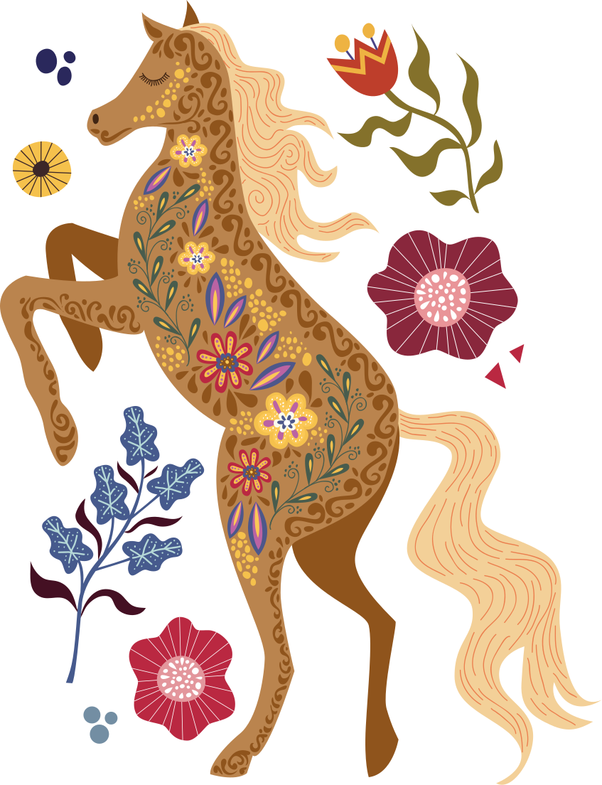 Vinyl teppich blumen mit wildpferde folklore illustration - TenStickers