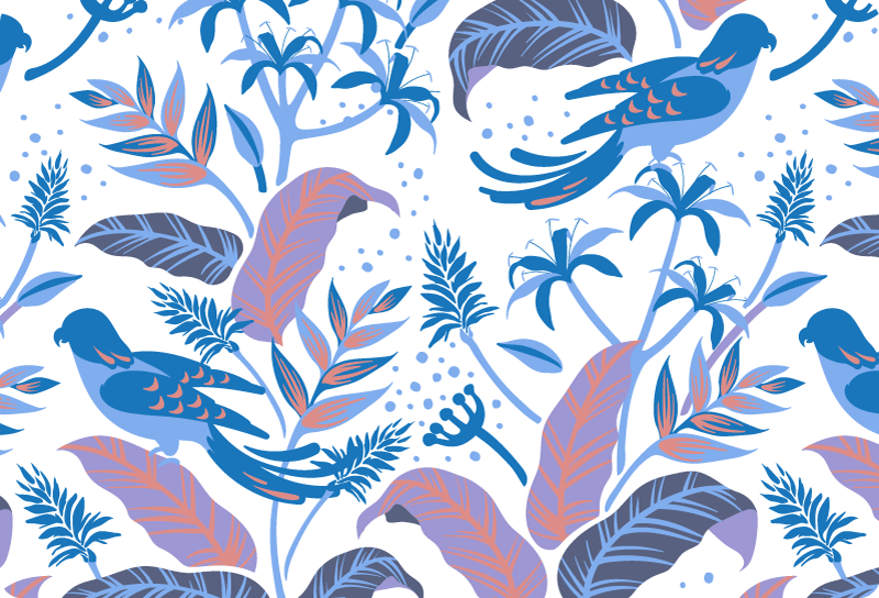 Vinyl teppich natur mit blauen und rosa vögeln auf blättern - TenStickers