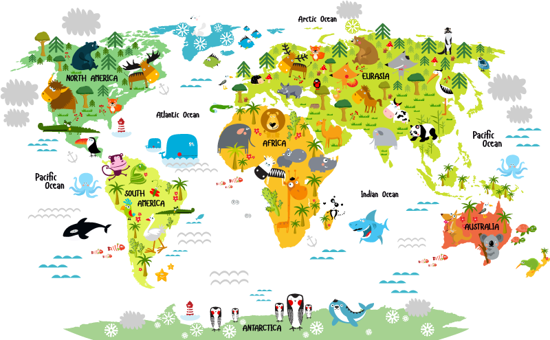 Vinyl teppich weltkarte mit englischem fauna-design - TenStickers