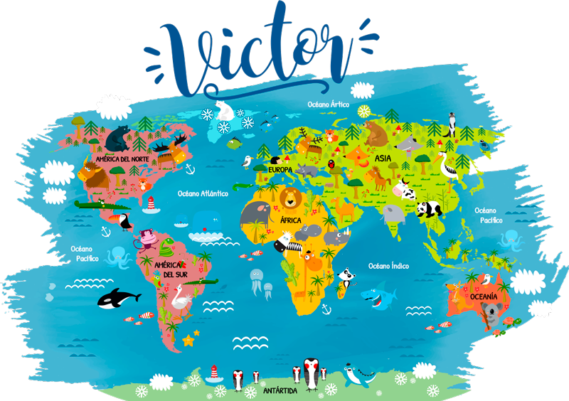 Vinyl teppich weltkarte mit tieren und namen auf spanisch - TenStickers