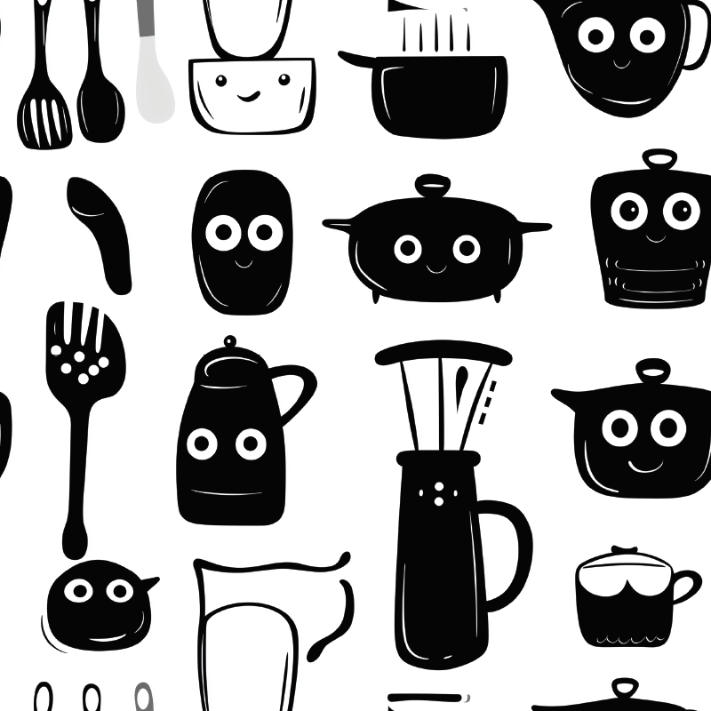 Vinyl teppich küche mit schwarzen utensilien - TenStickers