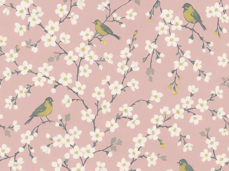 Vinyl teppich natur mit pinken obstgarten vögeln - TenStickers