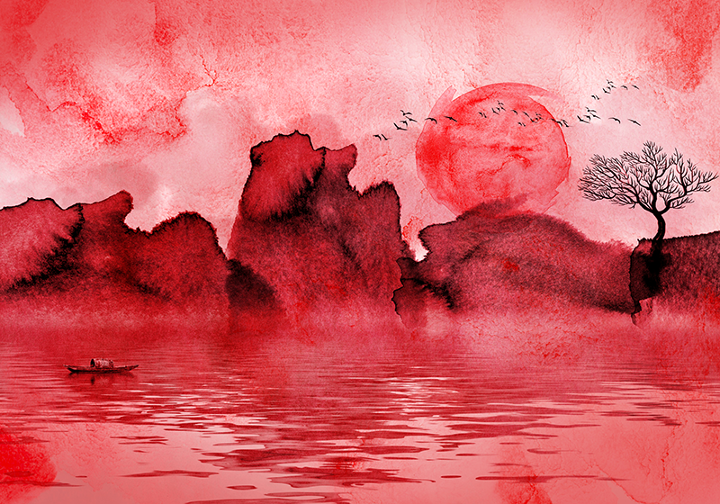 Vinyl teppich rot mit chinesischer tintenlandschaft - TenStickers