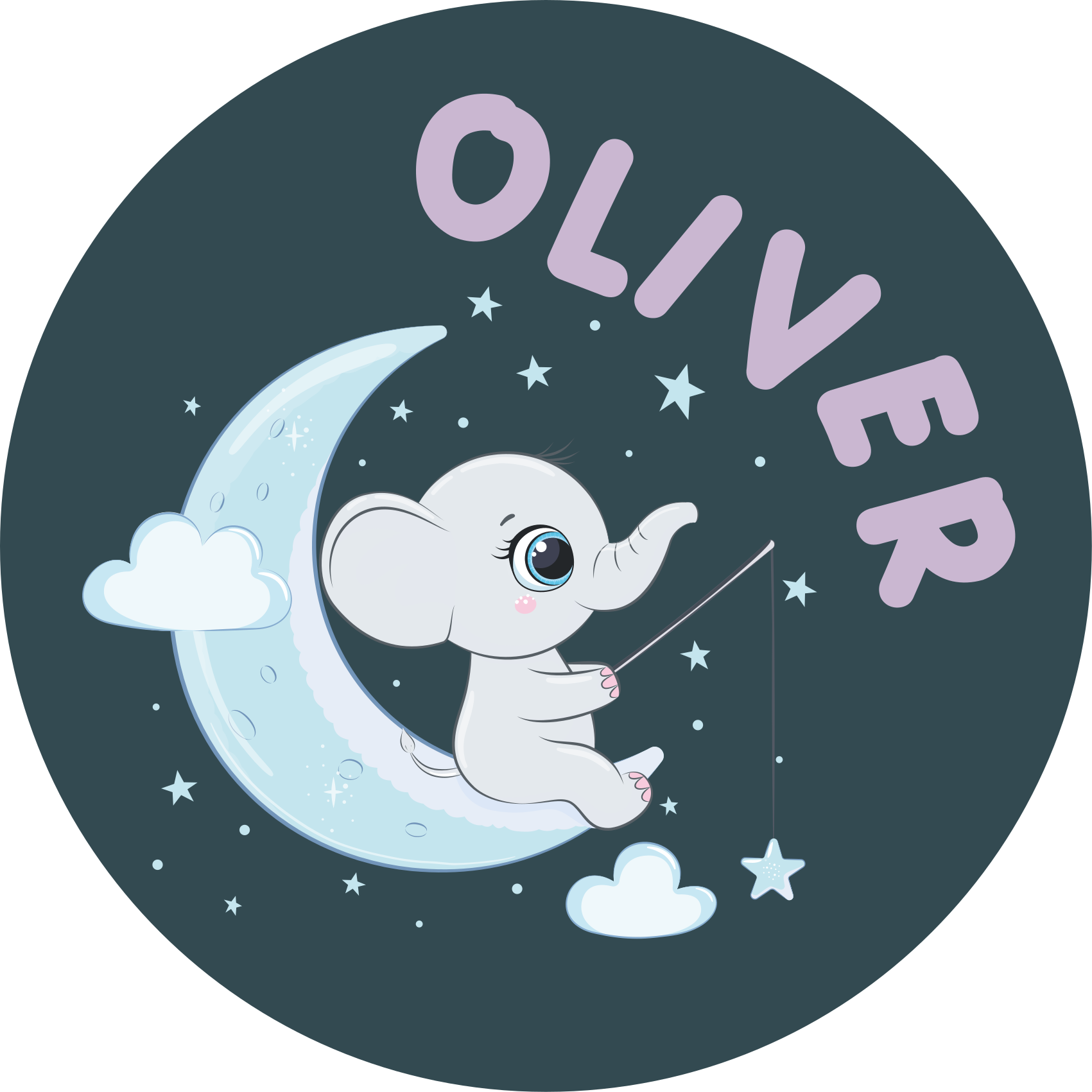 Vinyl Teppich Baby elefant auf dem mond mit namen - TenStickers
