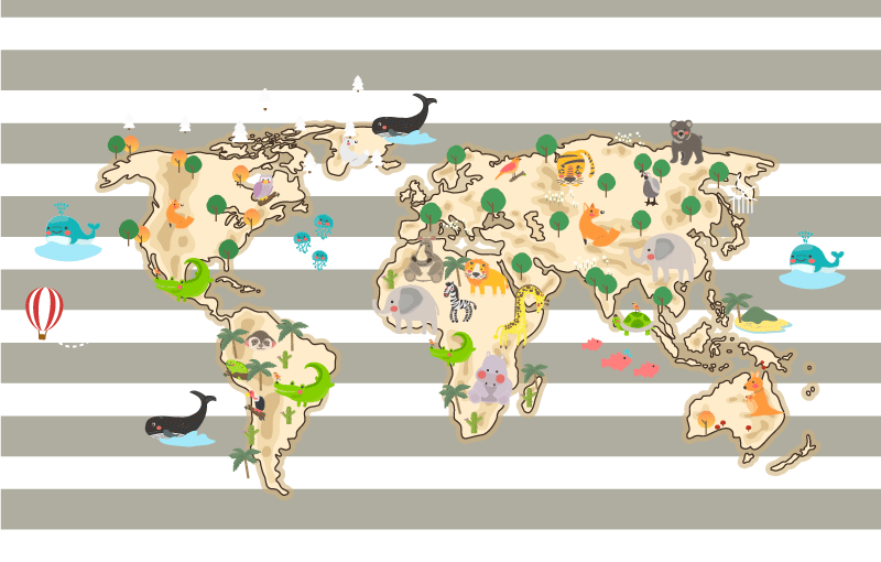 Vinyl Teppich Weltkarte bunte tierillustration - TenStickers