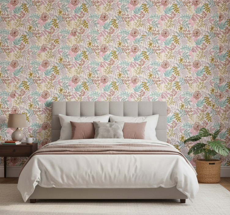 Blumentapete mit buntem mustermotiv als linienezeichnung - TenStickers