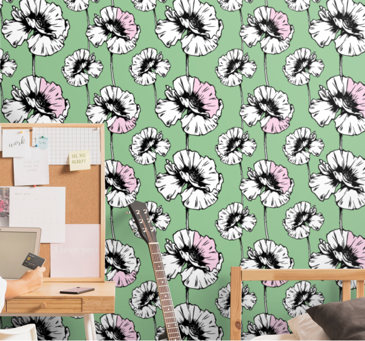 Blumentapete rosa und weiße mohnblumen - TenStickers