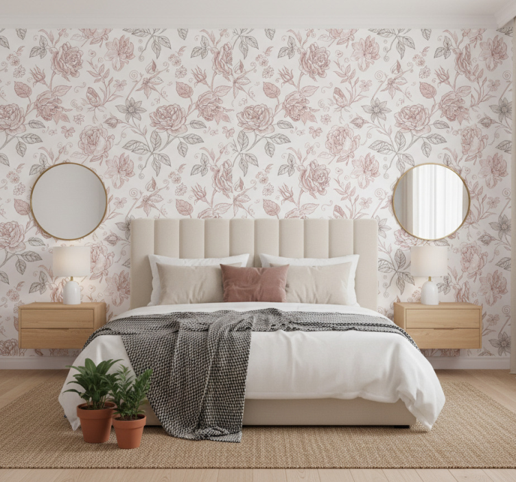 Blumentapete vintage rosen skizze (b0b3jt5n8b) - TenStickers