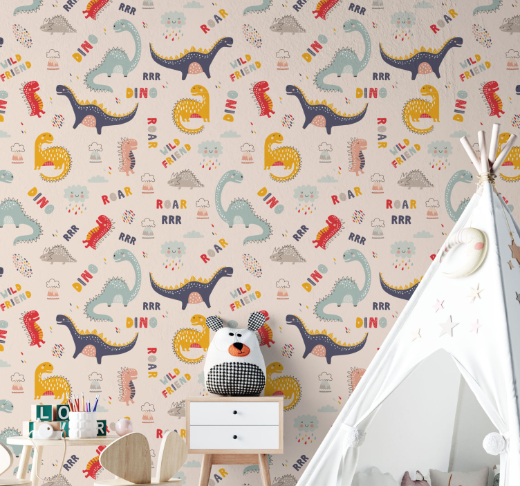 Tapete Kinderzimmer Bunte dinosaurier mit Namen - TenStickers
