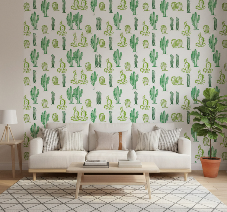 Tapete wohnzimmer mit grünem kaktusmuster - TenStickers