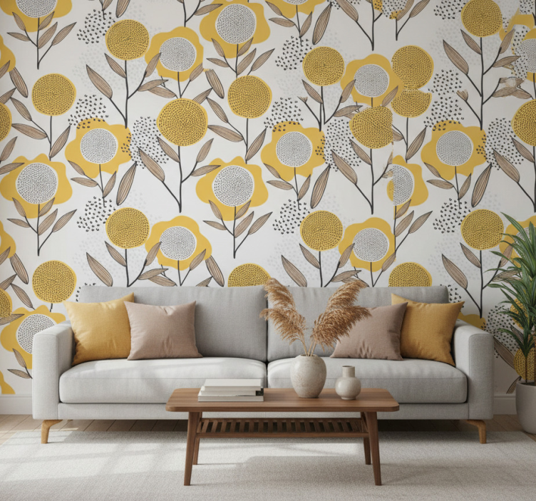 Tapete wohnzimmer gelbes abstraktes blumenmuster - TenStickers
