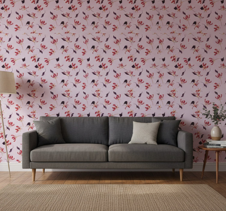 Tapete florale ornamente handgezeichnetes rotes lilienmuster - TenStickers