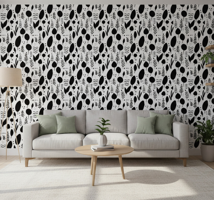 Tapete florale ornamente mit schwarz-weißen naturmotiven - TenStickers