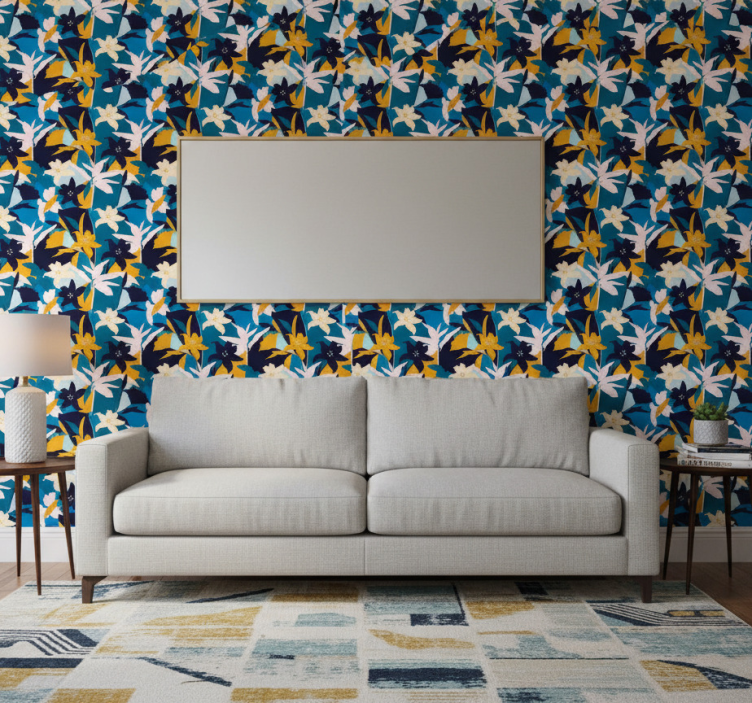 Tapete florale ornamente weiße lilien auf blauem hintergrund - TenStickers
