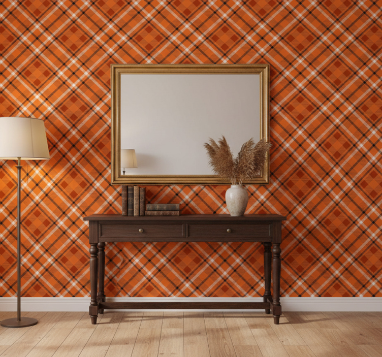 Tapete flur orangefarbene musterquadrate mit braunen linien - TenStickers