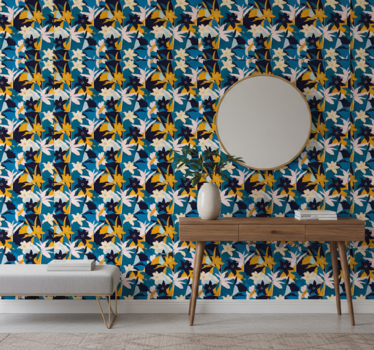 Tapete flur weiße lilien auf blauem hintergrund - TenStickers