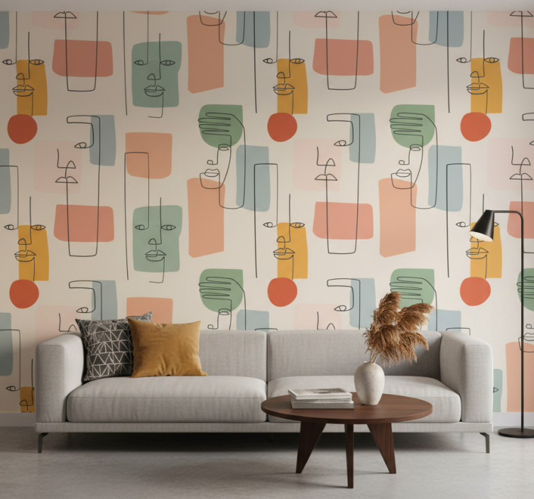 Tapete geometrisch minimalistische wandkunst mit gesichtern - TenStickers