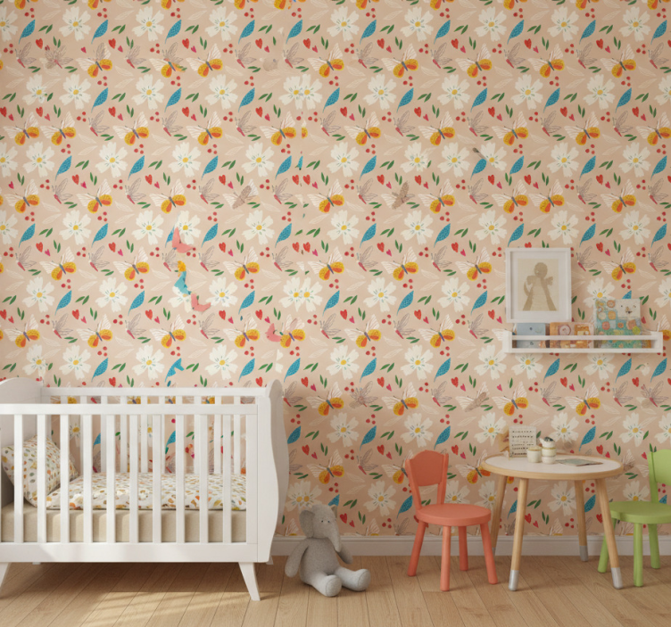 Tapete kinderzimmer blumen und schmetterlinge beige - TenStickers