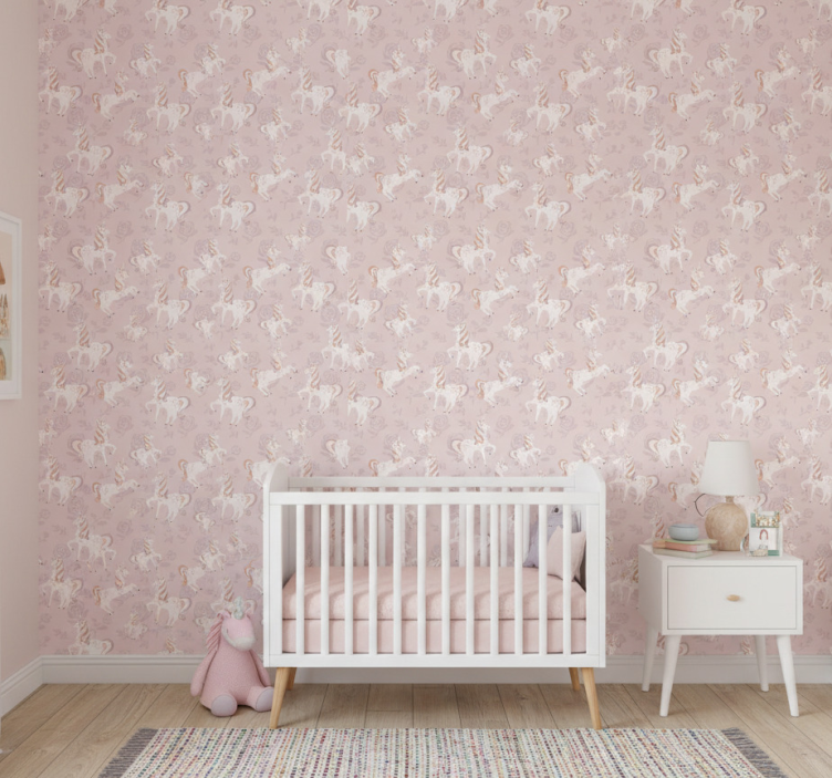 Tapete kinderzimmer einhorn in pink mit blumen - TenStickers