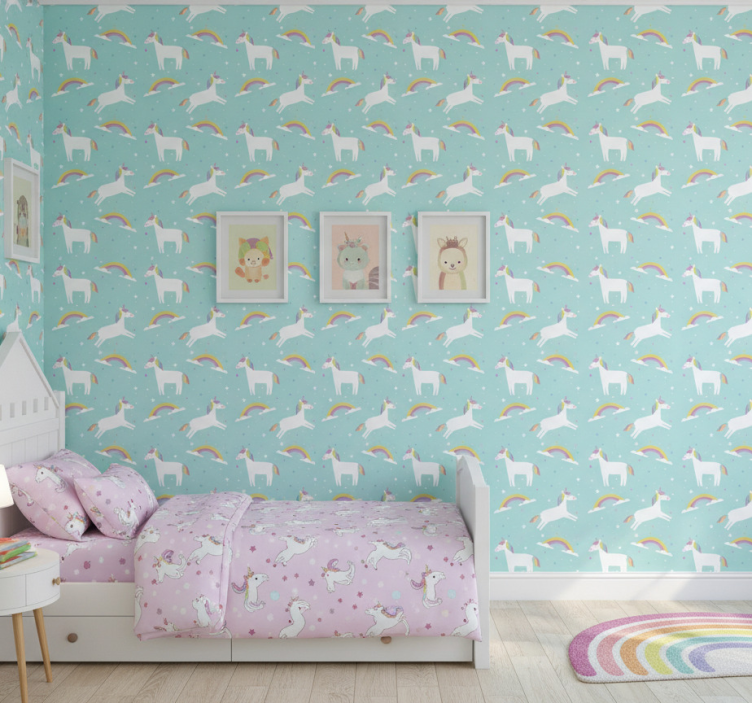 Tapete kinderzimmer einhörner mit regenbogen - TenStickers