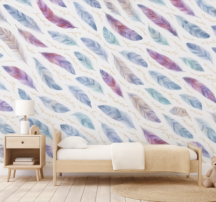 Tapete kinderzimmer mit buntem federdesign - TenStickers