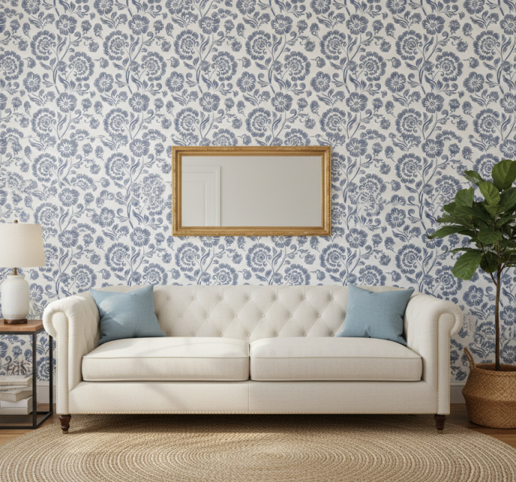 Tapete klassisch blaue blumen auf weißem hintergrund - TenStickers