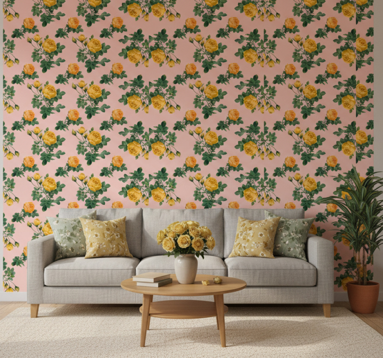 Tapete klassisch mit gelben rosen und grünen blättern - TenStickers