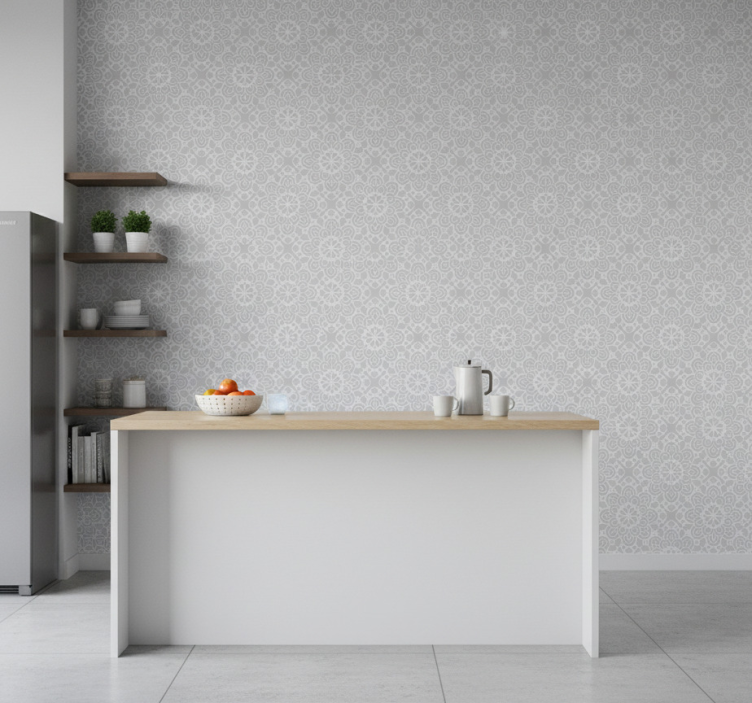 Tapete küche mit blumigen formen in weiß und grau - TenStickers