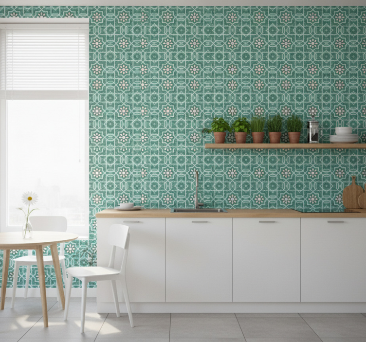 Tapete küche mit grünen blumenfliesen - TenStickers
