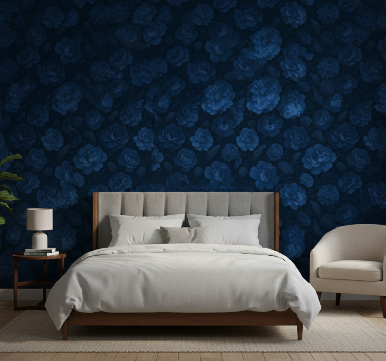 Tapete schlafzimmer dunkelblaue geheimnisvolle blumenmuster - TenStickers