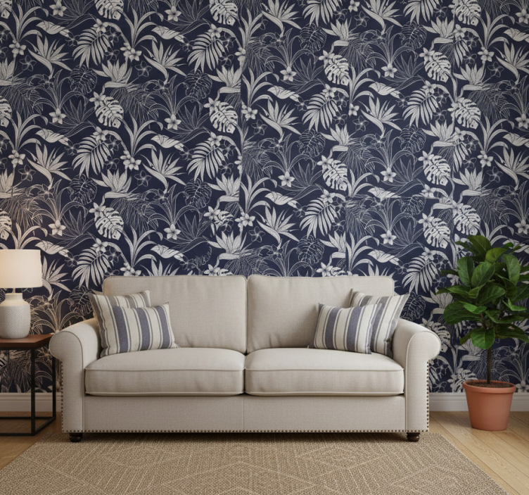 Tapete schlafzimmer im grauen tropischen hamptons-muster - TenStickers