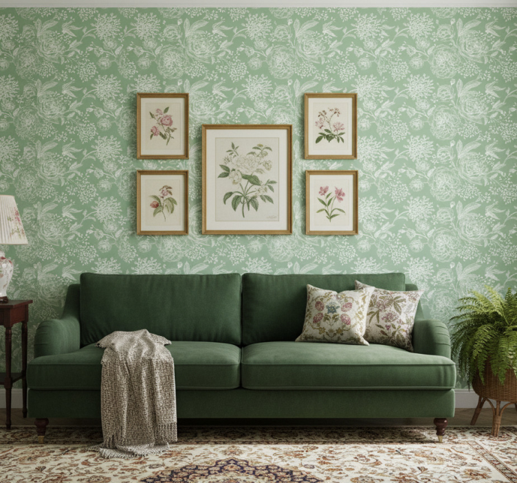Tapete schlafzimmer im grünen floralen grandmillenial stil - TenStickers