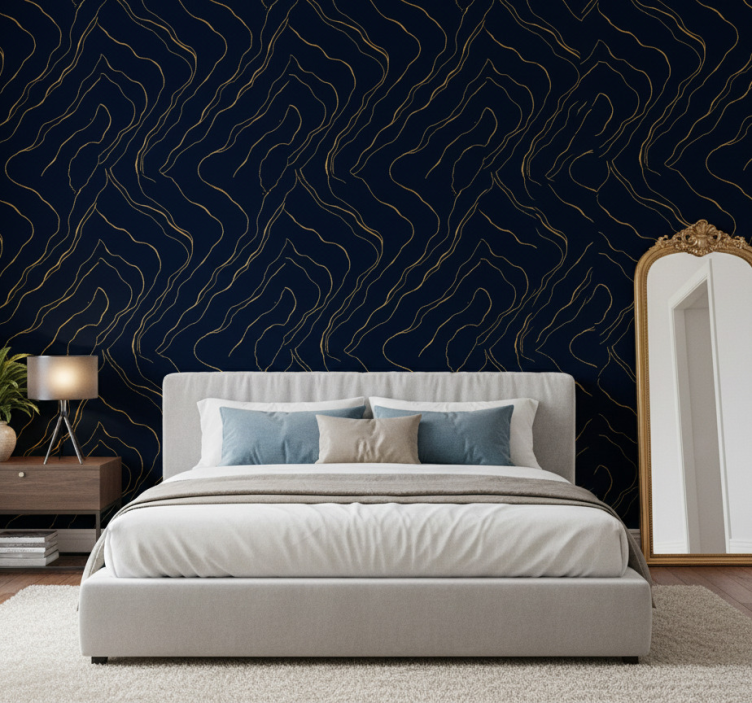 Tapete schlafzimmer in dunkelblau und goldmarmor - TenStickers