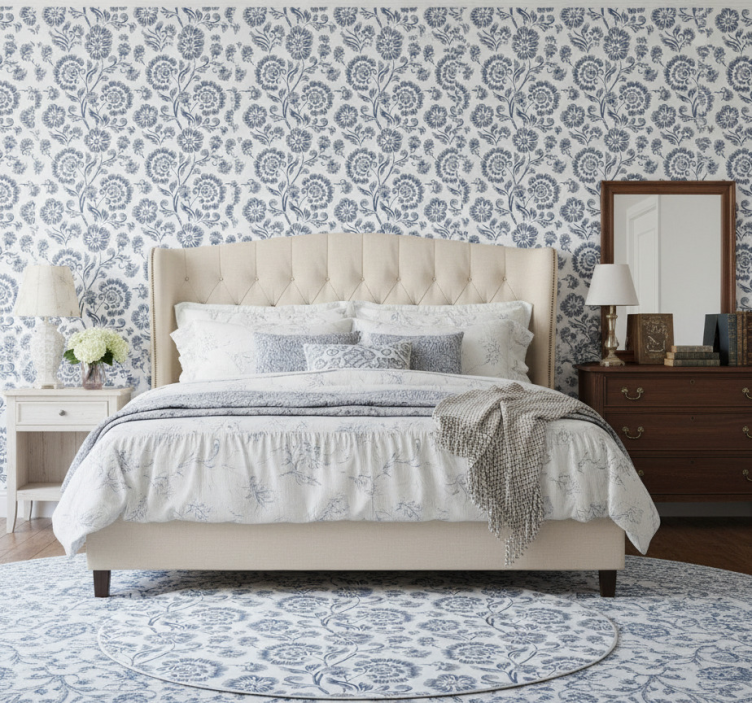 Tapete schlafzimmer mit blauem blumenmuster grandmillenial - TenStickers