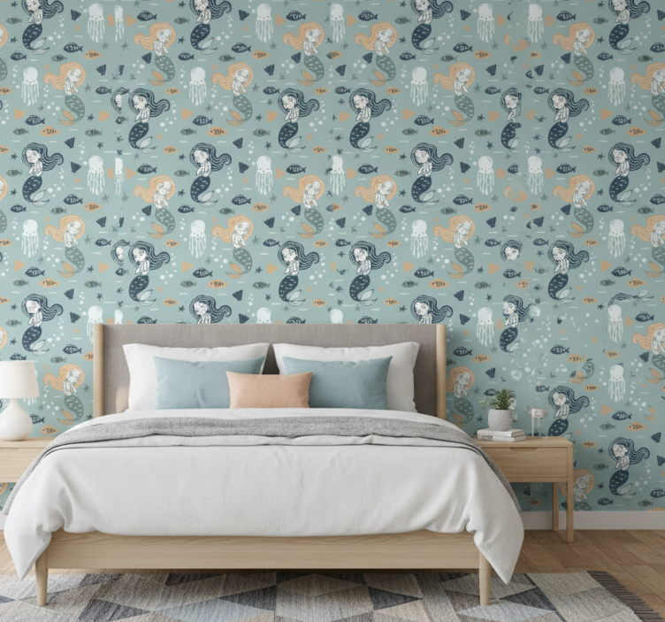 Tapete schlafzimmer mit blauem zaubermeerjungfrauenmuster - TenStickers