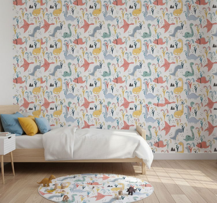 Tapete schlafzimmer mit buntem dinosaurier- und baum-muster - TenStickers