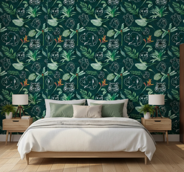 Tapete schlafzimmer mit bunten dschungeltieren und bäumen - TenStickers
