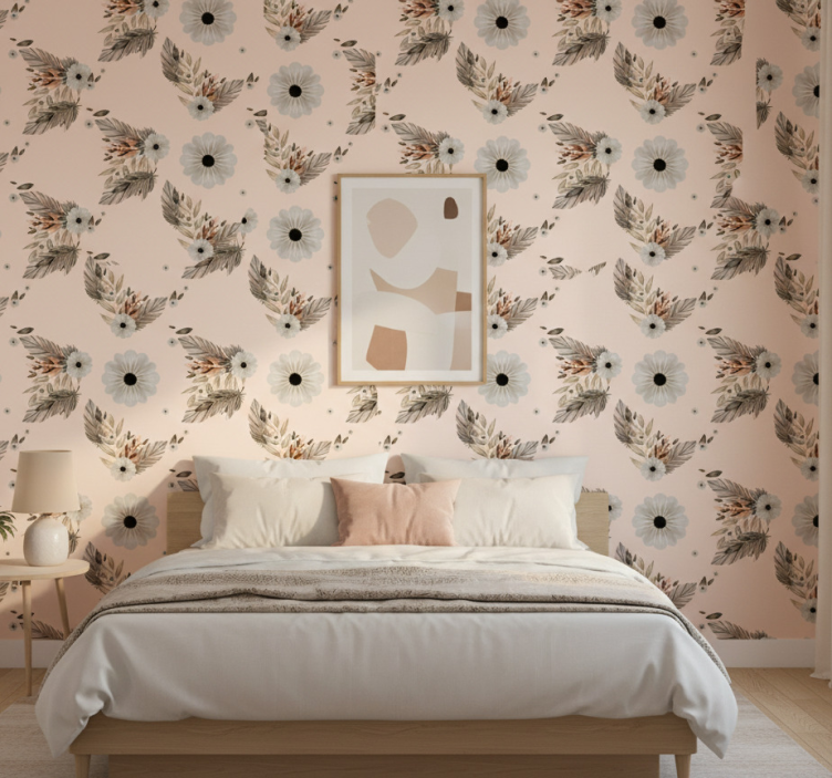 Tapete schlafzimmer mit pinken und schwarzen pastellblumen - TenStickers