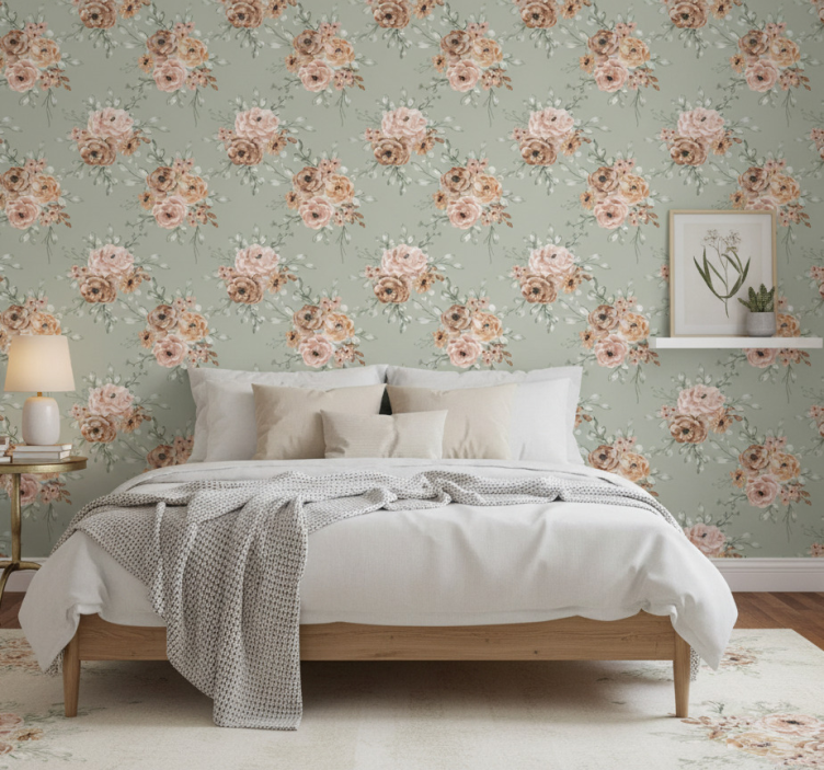 Tapete schlafzimmer mit vintage-rosen auf mintgrün - TenStickers