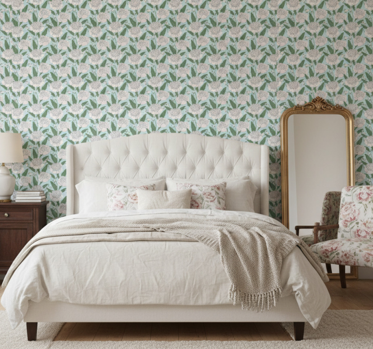 Tapete schlafzimmer mit weißem blumenmuster grandmillenial - TenStickers