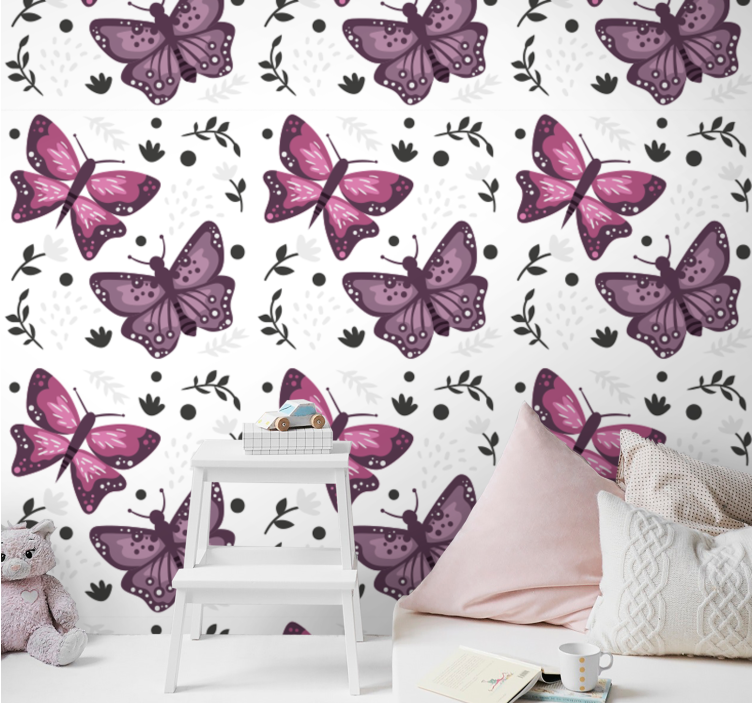 Tapete Schmetterling rosa motiv mit blättern - TenStickers